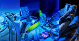 Arbeitsinstrumente und Hände bei Nacht